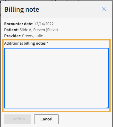 Billing note add window with yellow highlight box around the note textbox.